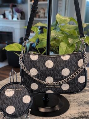 Michael Kors Navy Polka Dot Satchel Crossbody Bag w/Matching Coin Pouch Keychain